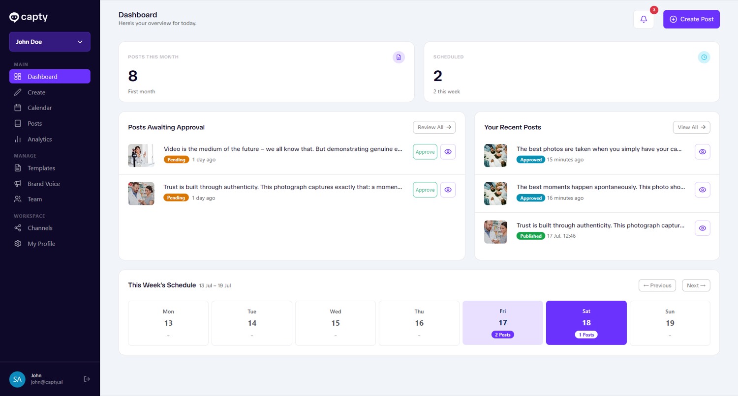capty dashboard: calendar, scheduled posts, and approvals